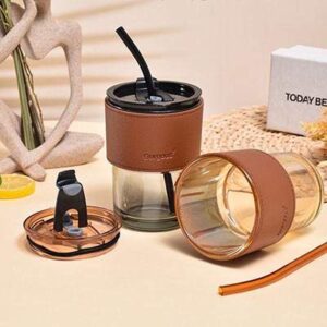 Ly cốc thủy tinh phối da đẹp, giá cạnh tranh, có ống hút.
